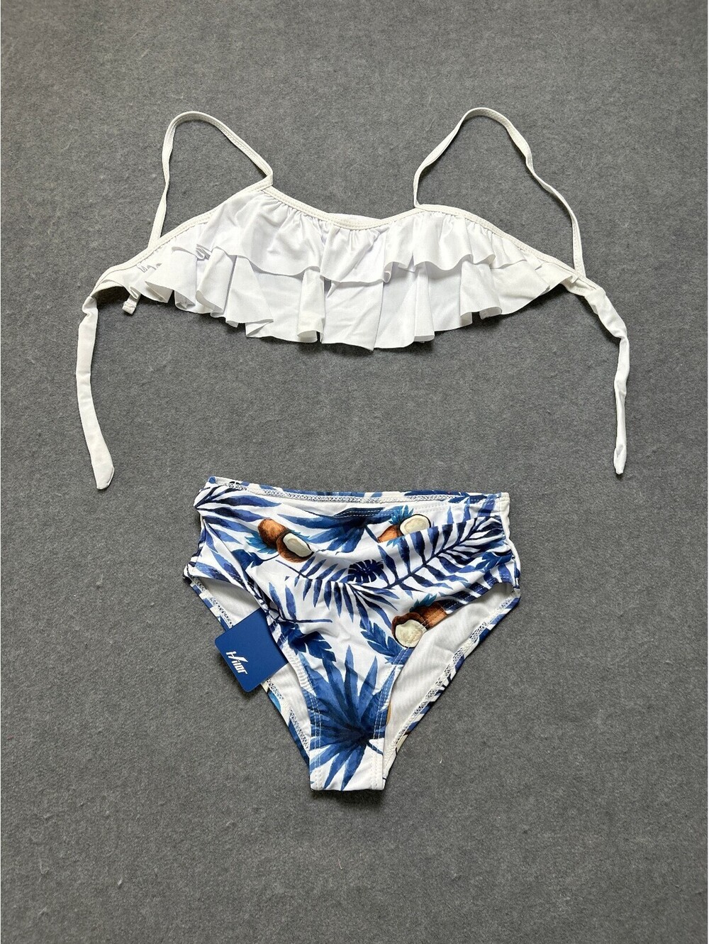 Hilor Girls Bikini Swimsuit Size 14 US 9-10 White Ruffle Tropical Print NWT